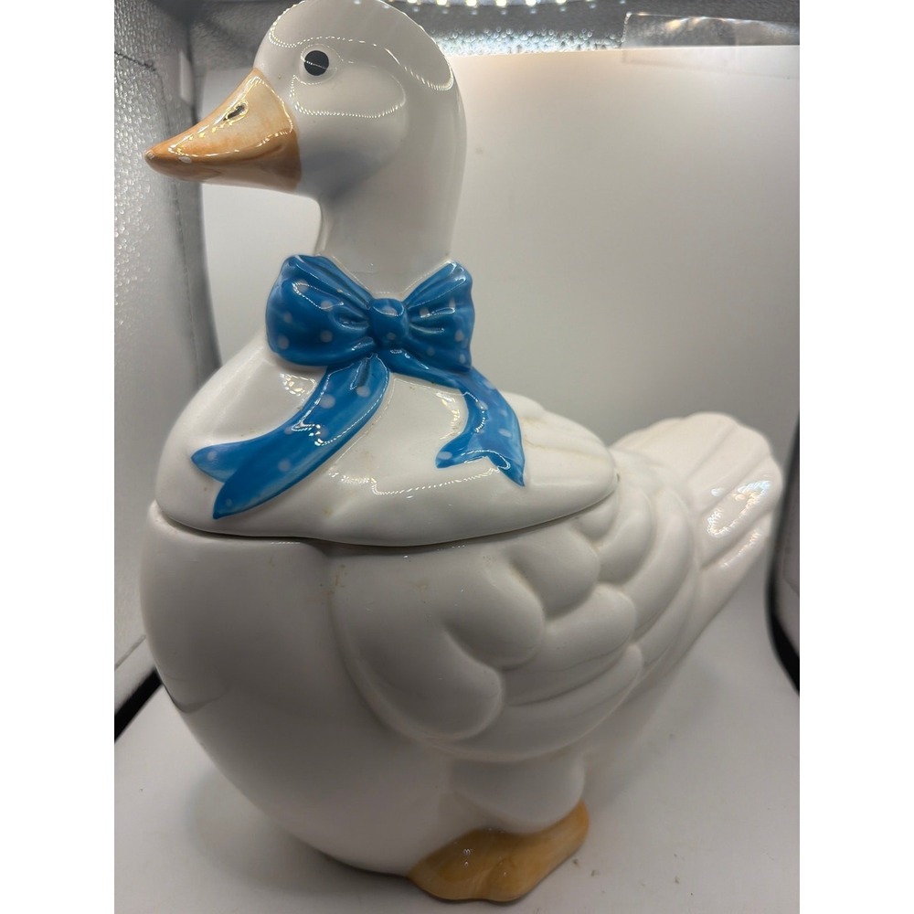 VTG White Goose Blue Bow Cookie Jar Cottage Country Farmhouse Granny 80s Kitchen